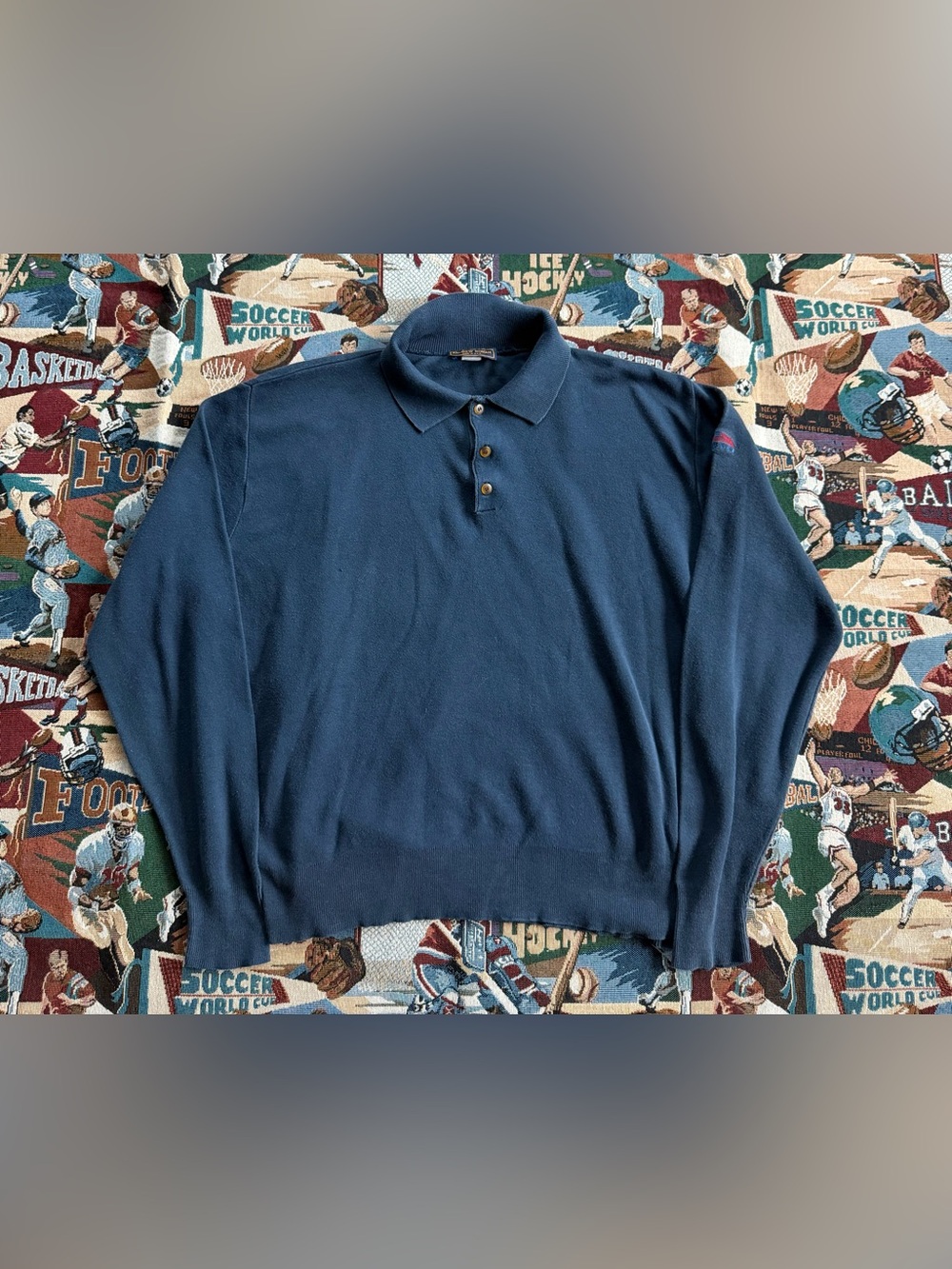 Vintage 90s Men’s Andrew Rohan Navy Blue Long Sleeve Polo Shirt